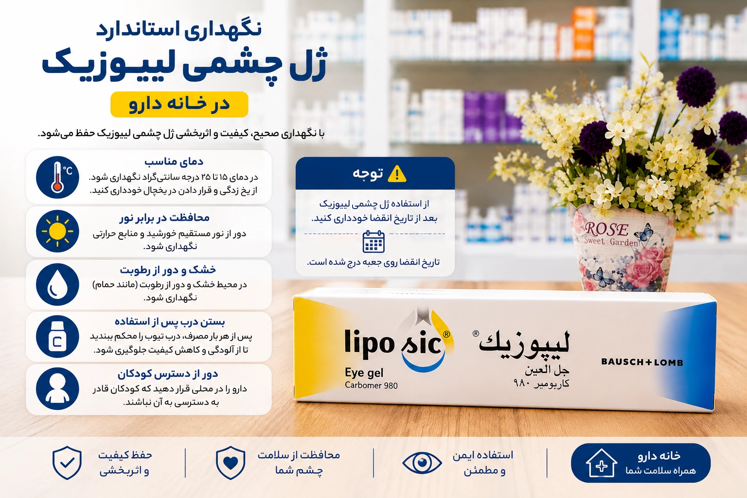 ژل چشمی لیپوزیک 10 گرمی 4 نگهداری استاندارد ژل چشمی لیپوزیک در خانه دارو