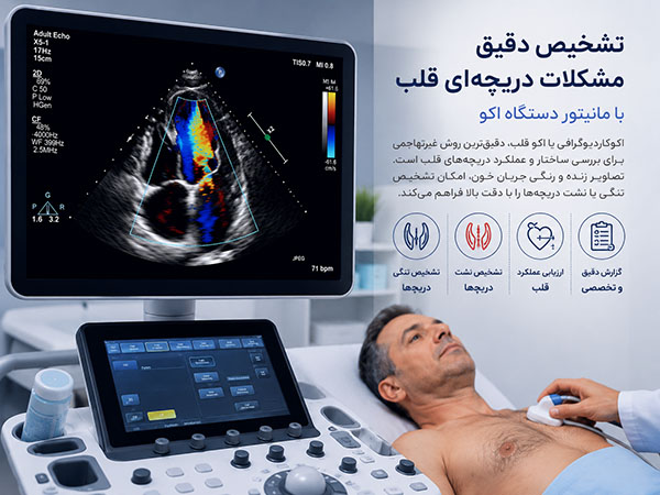 اکو قلب یا اکوکاردیوگرافی 3 تشخیص دقیق مشکلات دریچه ای قلب با مانیتور دستگاه اکو