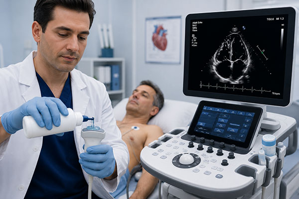 اکو قلب یا اکوکاردیوگرافی 5 پزشک متخصص در حال ژل زدن و آماده سازی پروب اکو قلب